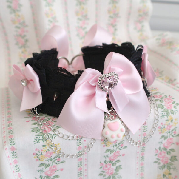 Little Paw Rinestone Heart baby pink bow black lace pet kitten play collar Choker necklace ,spikes chain , alternative ddlg jewelry