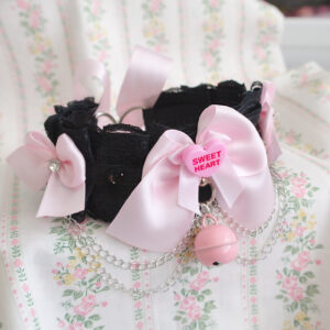 Sweet Heart tag Rinestone baby pink bow black lace pet kitten play collar , Choker necklace ,double layers chain , alternative ddlg jewelry