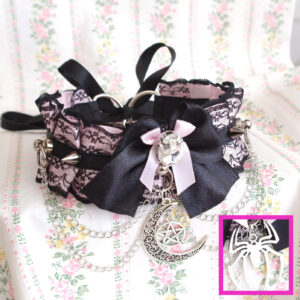 Choose your style - Moon / Spider / Bell , Pet kitten play collar choker black lace Pink Bow Chain Spikes Rhinestone ,goth alternative