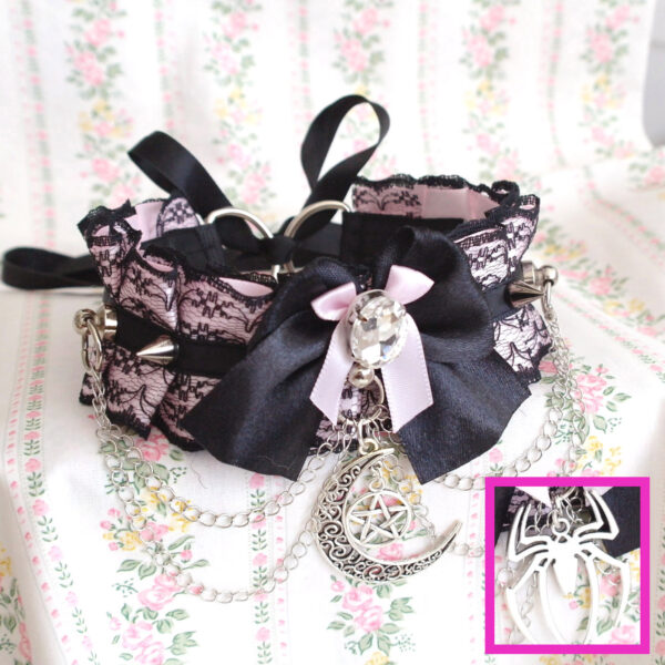 Choose your style - Moon / Spider / Bell , Pet kitten play collar choker black lace Pink Bow Chain Spikes Rhinestone ,goth alternative