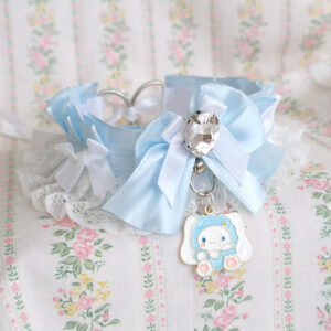 Puppy Pendant baby blue kitten pet play collar choker necklace , white lace ruffles bow , ddlg kawaii cosplay jewelry