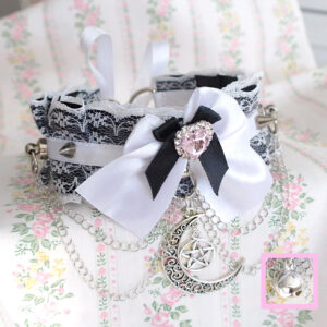 Choose your style - Moon pentagram / Bell , Pet kitten play collar choker black lace White Bow Chain Spikes Rhinestone ,goth alternative