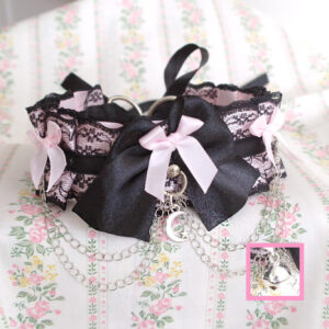 Choose your style - crescent moon / bell , Baby Pink Black Lace Kitten Pet Play Collar , Bow Double Chain ,pastel goth alternative egirl