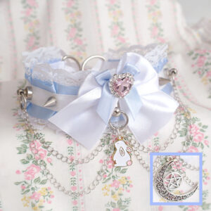 Choose your style - Bunny /Moon / Bell , Light Blue White lace Kitten Pet Play Collar Choker ,Heart Rhinestone bow spikes Chain, Pastel