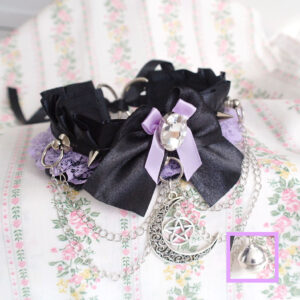 Choose your style - Crescent moon / Bell , Lilac purple lace ruffles black Kitten Pet Play Collar Choker ,Rhinestone bow spikes Chain