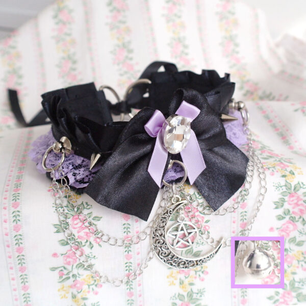 Choose your style - Crescent moon / Bell , Lilac purple lace ruffles black Kitten Pet Play Collar Choker ,Rhinestone bow spikes Chain