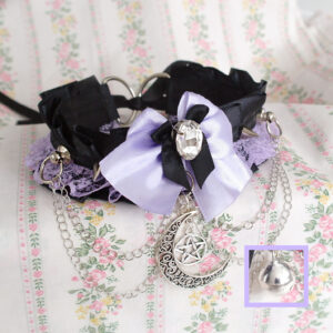Choose your style - Crescent moon/ Bell , Lilac purple lace ruffles black Kitten Pet Play Collar Choker ,Rhinestone bow spikes Double Chain