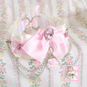 Choose your style - Little Paw / Bell , Kitten Pet Play Collar choker light yellow baby pink ruffles Rhinestone Bow Chain , Pastel Kawaii