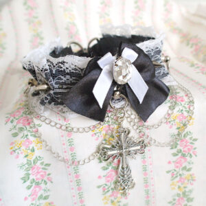 Gothic Style Cross Pendant White Black lace Pet Kitten Play Collar Choker Necklace , Rhinestone Bow Double Layered Chain , Goth Jewelry