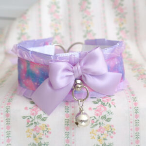 Galaxy Lilac Purple Pet Kitten Play Collar choker necklace , Lace ruffles bow bell , neck ruff cute jewelry alternative