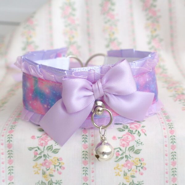 Galaxy Lilac Purple Pet Kitten Play Collar choker necklace , Lace ruffles bow bell , neck ruff cute jewelry alternative