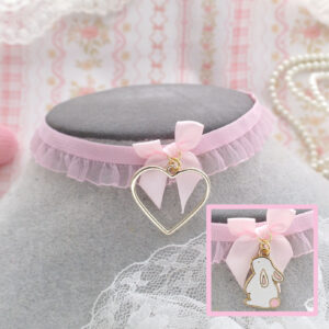 Choose your style : Gold Heart / Bunny , Baby pink Ruffles Lace Bow choker necklace, simple cute soft girl core accessories