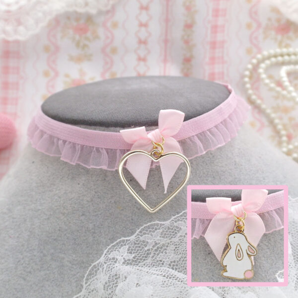 Choose your style : Gold Heart / Bunny , Baby pink Ruffles Lace Bow choker necklace, simple cute soft girl core accessories