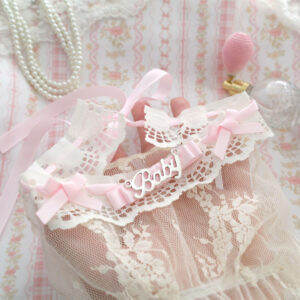 Baby Tag Beige Lace Baby Pink Bow choker necklace collar tie back , coquette romantic jewelry soft girl aesthetic