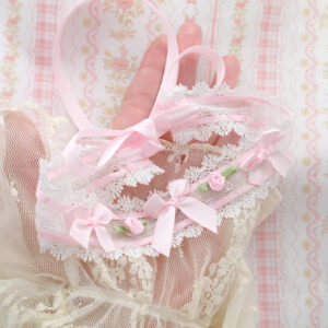 Cottage Core Little Flower Rose Romantic White Lace Baby Pink Bow Collar tie back Choker Necklace , Soft Girl Coquette Style