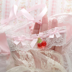 Sweet Red Cherry Pendant White Lace Baby Pink Bow Choker Necklace Collar , Coquette Soft Girl Cute Dreamy Jewelry