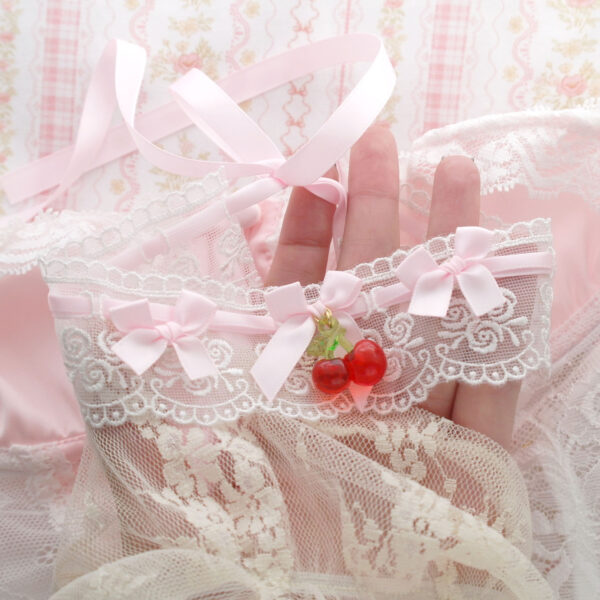 Sweet Red Cherry Pendant White Lace Baby Pink Bow Choker Necklace Collar , Coquette Soft Girl Cute Dreamy Jewelry