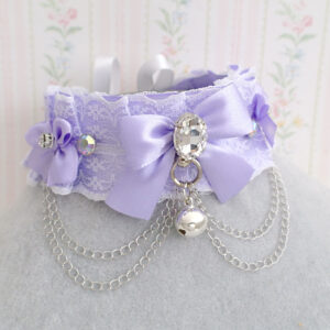 Pet Play Collar Lilac Purple White Lace Luxury Bling Rhinestone Bow Bell Double Chain ,Kitten Play Choker Necklace , Pastel Goth Cosplay