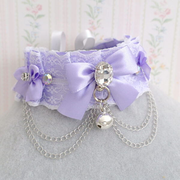 Pet Play Collar Lilac Purple White Lace Luxury Bling Rhinestone Bow Bell Double Chain ,Kitten Play Choker Necklace , Pastel Goth Cosplay