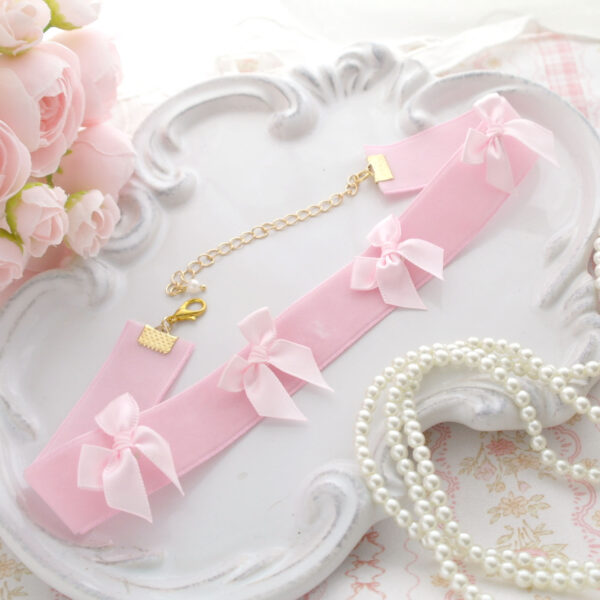 Coquette Baby Pink Velvet Bow Choker Necklace , Handmade cute princess soft girl jewelry