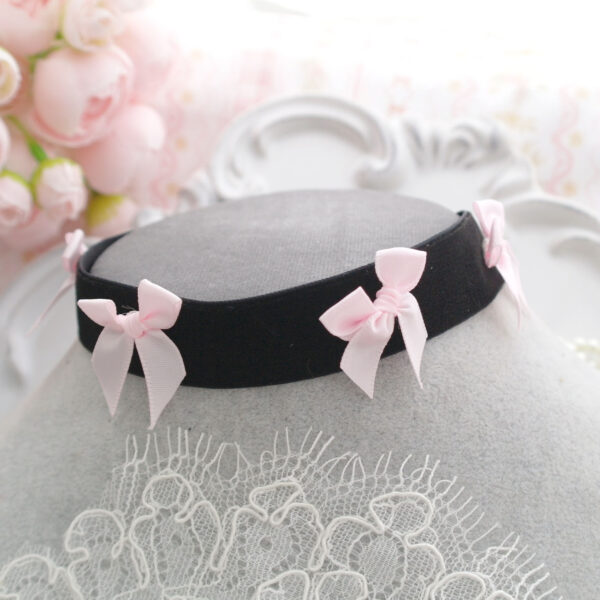 Coquette Baby Pink Bow Black Velvet Choker Necklae , cute soft girl kawaii jewelry everyday collar