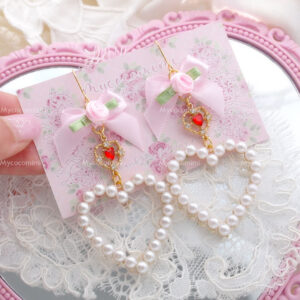 Coquette Baby Pink Bow Flower Red Rhinestone Pearl Heart Earrings (Dangle / Clip On), Romantic Glam Soft Girl Jewelry