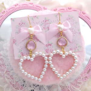 Coquette Baby Pink Bow Rhinestone Pearl Heart Earrings (Dangle / Clip On), Romantic Glam Soft Girl Pastel Jewelry