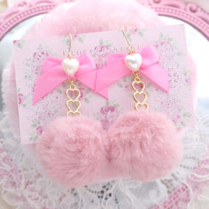 Coquette Fur Ball Hot Pink Pearl Bow Gold Heart Earrings (Dangle / Clip On), Romantic Glam Soft Girl Pastel Jewelry