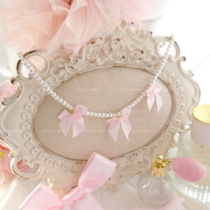 Coquette Baby Pink Bow Faux Pearl necklace , great for layering ,soft girl glam princess core victorian style jewelry