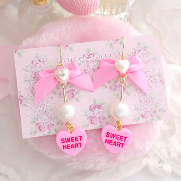 Coquette Sweet Heart Hot Pink Bow Pearl Heart Earrings (Dangle / Clip On), Romantic Cute Kawaii Soft Girl Jewelry