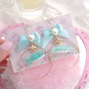 Baby Shark Aqua Bow Pearl Heart hoop Earrings ( Dangle / Clip On ) , gift for her , pastel color everyday jewelry marine cute fish