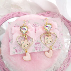 Bunny Rabbit Earrings Baby Pink Bow Rhinestone Heart (Dangle / Clip On), Coquette Cute Kidcore Kawaii Soft Girl Aesthetic Jewelry