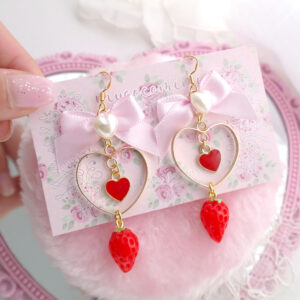 Sweet Strawberry Earrings Red Heart Baby Pink Bow Faux Pearl Heart (Dangle / Clip On), Cute Kidcore Kawaii Soft Girl Aesthetic Jewelry