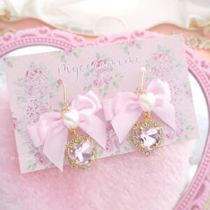 Coquette Earrings Baby Pink Bow Heart Pearl Rhinestone (Dangle /Clip On No Pierce ) soft girl aesthetic fairy Princess core Jewelry