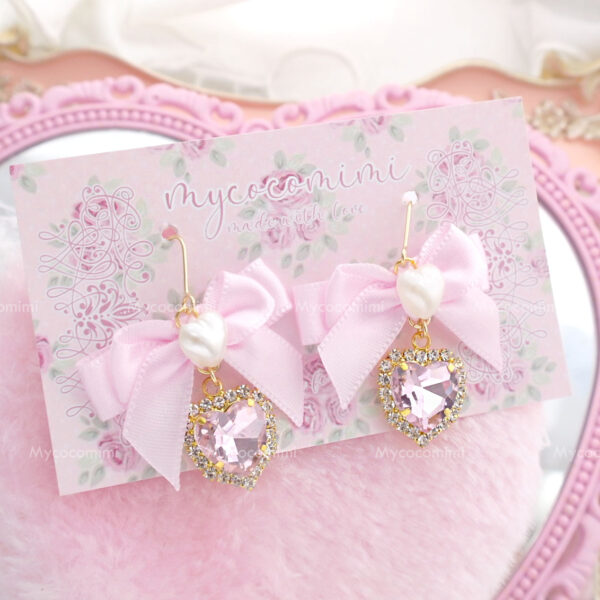 Coquette Earrings Baby Pink Bow Heart Pearl Rhinestone (Dangle /Clip On No Pierce ) soft girl aesthetic fairy Princess core Jewelry