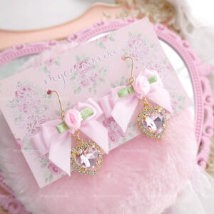Coquette Earrings Little Flower Baby Pink Bow Heart Pearl Rhinestone (Dangle /Clip On No Pierce ) soft girl princess cottage core Jewelry