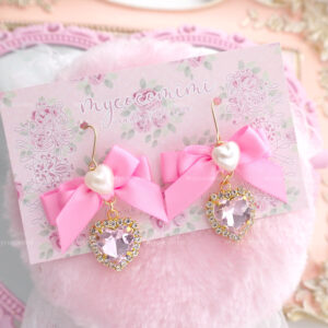 Coquette Earrings Hot Pink Bow Heart Pearl Rhinestone , Choose (Dangle /Clip On No Pierce ) soft girl aesthetic fairy Princess core Jewelry