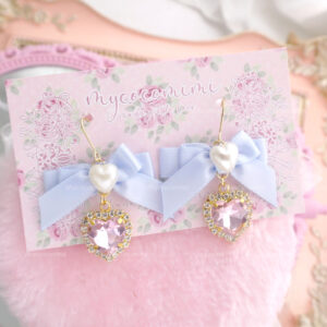 Coquette Earrings Light Blue Bow Heart Pearl Rhinestone , Choose (Dangle /Clip On No Pierce ) soft girl Dreamy Princess core Jewelry