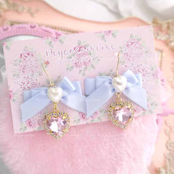Coquette Earrings Light Blue Bow Heart Pearl Rhinestone , Choose (Dangle /Clip On No Pierce ) soft girl Dreamy Princess core Jewelry