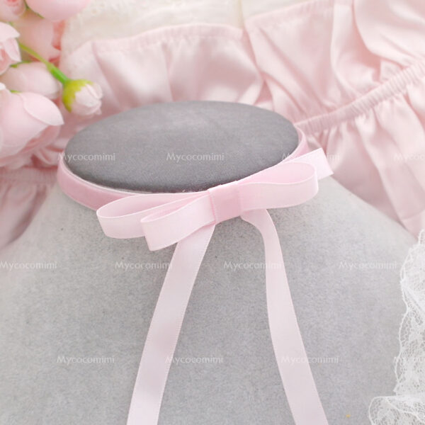 Coquette Baby Pink Velvet Satin Long bow choker necklace , Ribbon Bow Choker , princess core sweet handmade jewellry