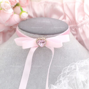 Coquette Baby Pink Velvet Satin Long bow choker necklace , Rhinestone Heart Ribbon Bow Choker , princess core Cute sweet handmade jewellry