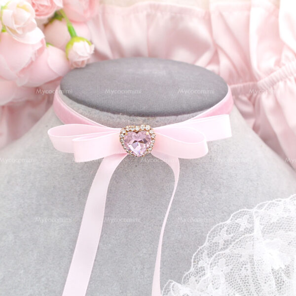 Coquette Baby Pink Velvet Satin Long bow choker necklace , Rhinestone Heart Ribbon Bow Choker , princess core Cute sweet handmade jewellry
