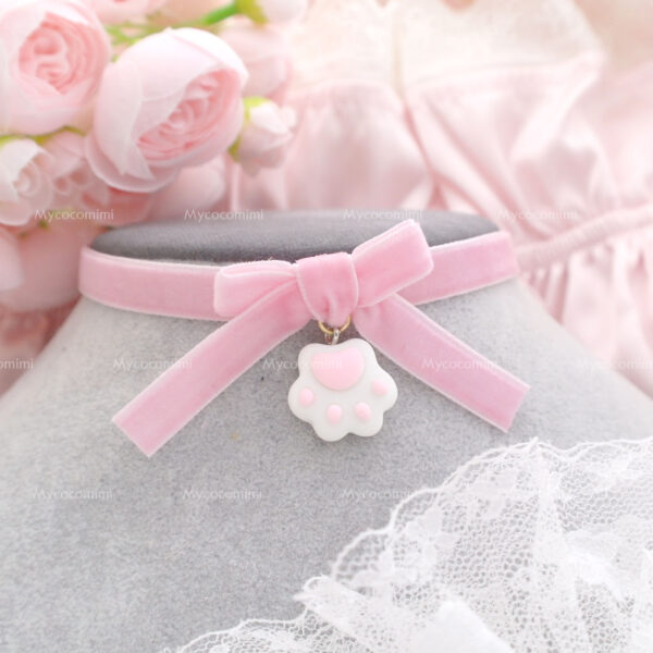 Kawaii Little paw pendant Choker Necklace , baby pink velvet bow , cute cartoon kawaii princess neko day collar