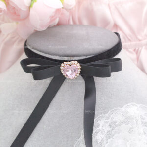 Coquette Black Velvet Satin Ribbon Long bow choker necklace , Rhinestone Heart Bow Choker , princess core Cute sweet handmade jewellry