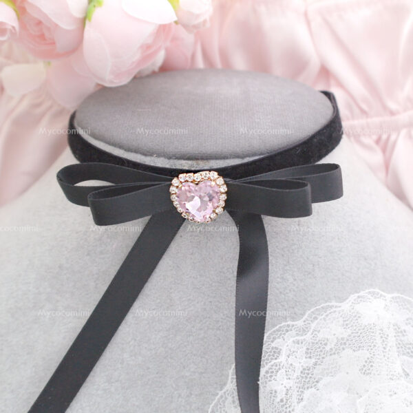 Coquette Black Velvet Satin Ribbon Long bow choker necklace , Rhinestone Heart Bow Choker , princess core Cute sweet handmade jewellry