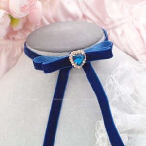 Coquette Navy Blue Velvet Ribbon bow choker necklace , Rhinestone Heart Long Bow Choker , glam luxury princess core handmade jewelry