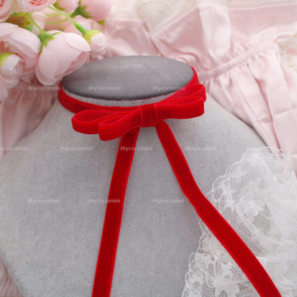 Coquette Red Velvet Ribbon bow choker necklace , Long Bow Choker , retro princess core handmade jewelry