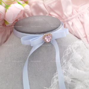 Coquette Baby Blue Satin Ribbon Long bow choker necklace , Rhinestone Heart Choker , Soft Girl princess core Cute sweet handmade jewellry