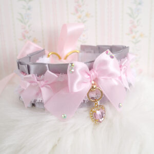 Grey Baby Pink kitten pet play collar choker necklace , white lace ruffles Rhinestibe bow with heart jewel pendanta , DDLG cute soft girl
