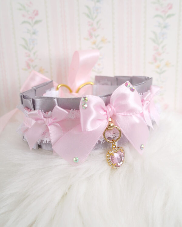 Grey Baby Pink kitten pet play collar choker necklace , white lace ruffles Rhinestibe bow with heart jewel pendanta , DDLG cute soft girl